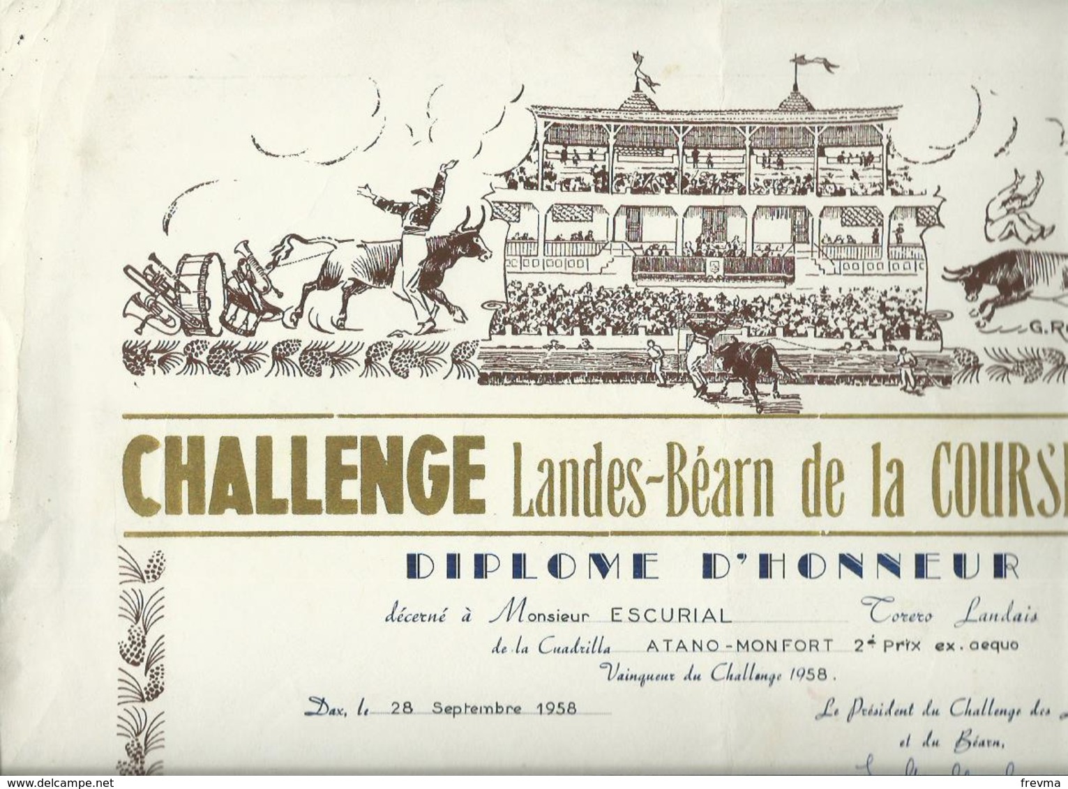 Diplome Course De Vache Challenge Landes Bearn Temporada 1958 - Diploma's En Schoolrapporten