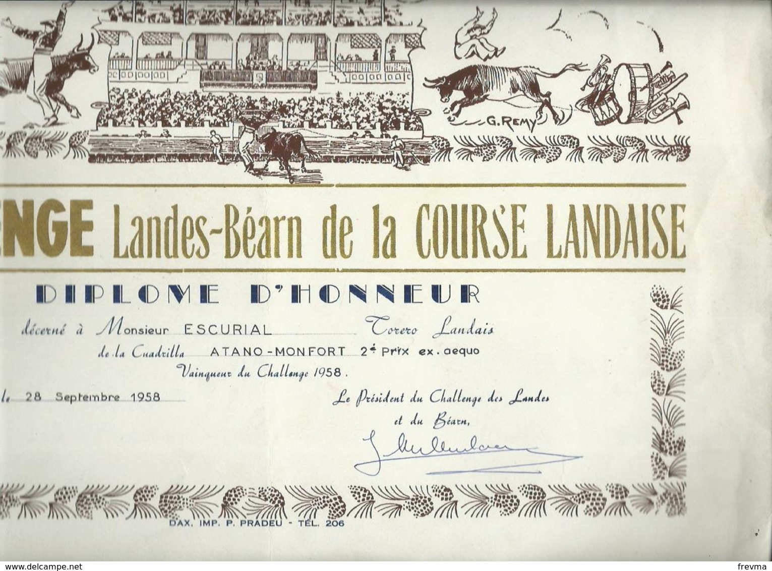 Diplome Course De Vache Challenge Landes Bearn Temporada 1958 - Diploma's En Schoolrapporten