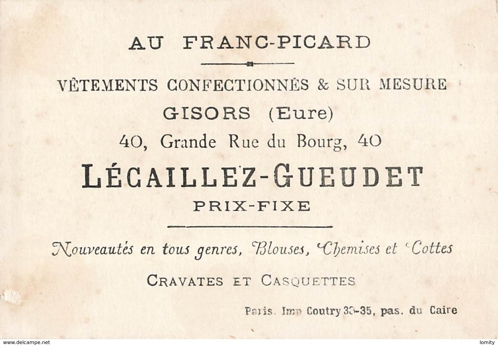 Chromo Pub Magasin Au Franc Picard Gisors Eure 40 Rue Du Bourg Lécaillez Gueudet Vetements Confection Et Sur Mersure - Other & Unclassified