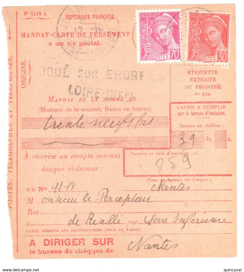 JOUE Sur Erdre Loire Inf Mandat Carte Formule 1418 Taxe Factage 1F Mercure 70c 30c Yv 412 416 Centre CCPNantes Ob 1940 - Lettres & Documents