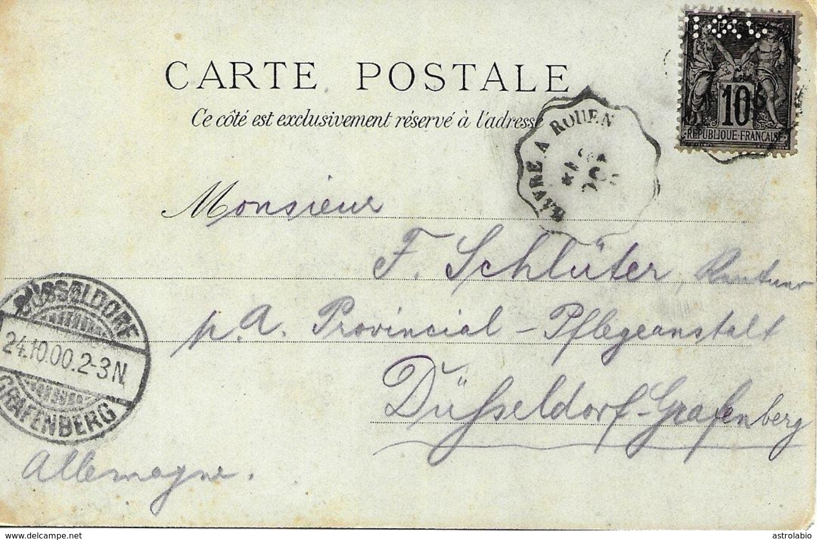 Perfin H&C Cover. Perfore Sur Carte Postal. France 1900 - Perforadas