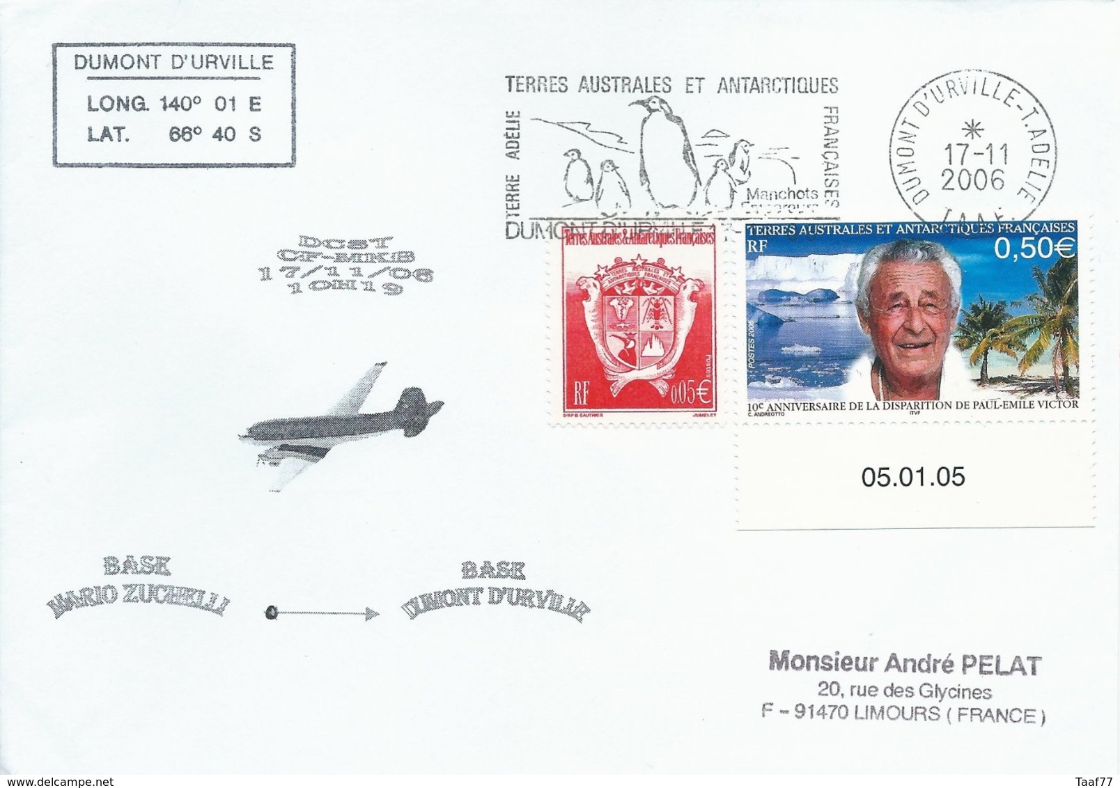 TAAF - Dumont D'Urville-T.Adélie: Lettre Avec Timbres N°417 PE Victor Et 324 Armoiries + OMEC SECAP Du 17/11/2006 - Briefe U. Dokumente