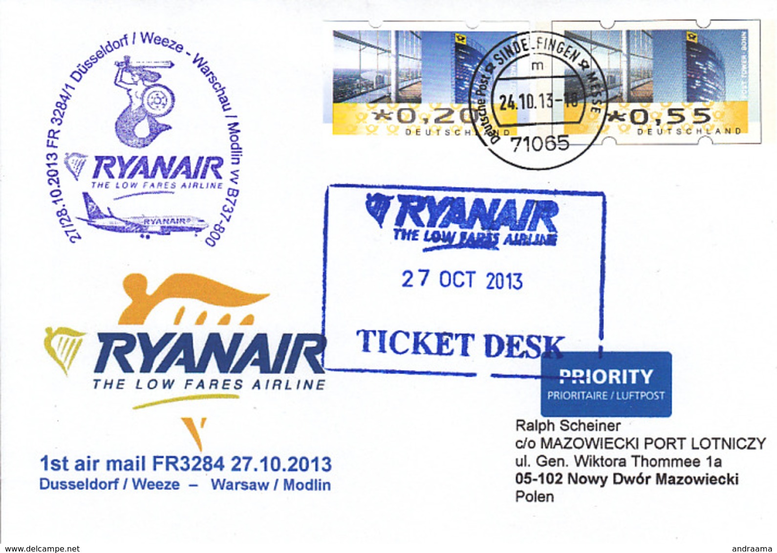 Firstairmail - Ryanair - Düsseldorf/Weeze - Warschau/Modlin - 27.10.2013   [dv40a] - Posta Aerea