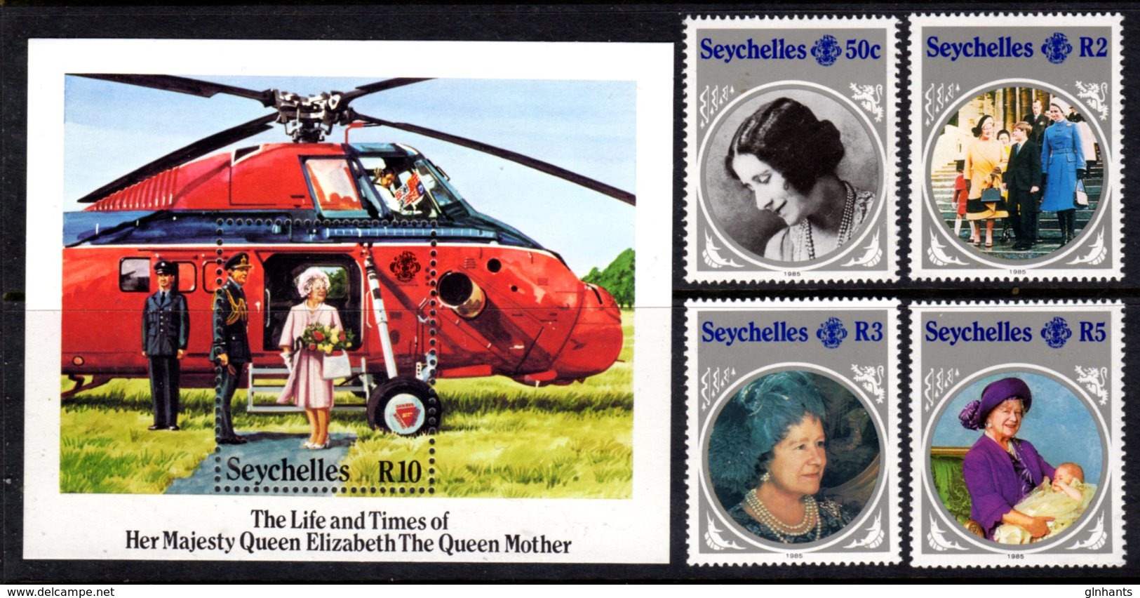 SEYCHELLES - 1985 LIFE & TIMES OF QUEEN ELIZABETH THE QUEEN MOTHER SET (4V) & MS FINE MNH ** SG 614-617, MS618 - Seychelles (1976-...)