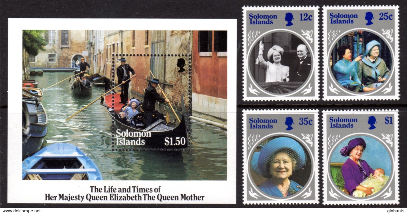 SOLOMON ISLANDS - 1985 LIFE & TIMES OF QUEEN ELIZABETH THE QUEEN MOTHER SET (4V) & MS FINE MNH ** SG 538-541, MS542 - Solomon Islands (1978-...)