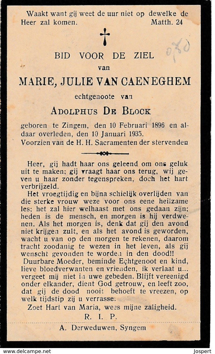 Zingem, 1935, Marie Van Caeneghem, De Block - Images Religieuses