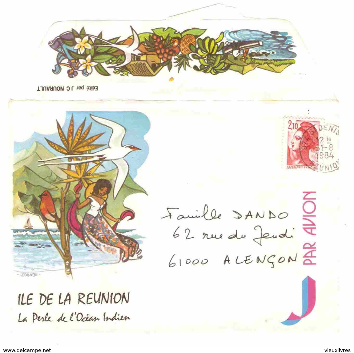 La Réunion Par Avion Enveloppe Illustrée De L'île De La Réunion, Cachet De 1984 La Perle De L'Océan Indien Oiseau - Lettres & Documents