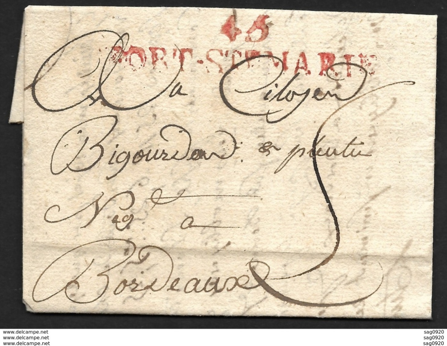 Lot Et Garonne-Lettre Avec Marque Rouge 45 PORT SteMARIE (67*15)-Pour Bordeaux - 1701-1800: Précurseurs XVIII