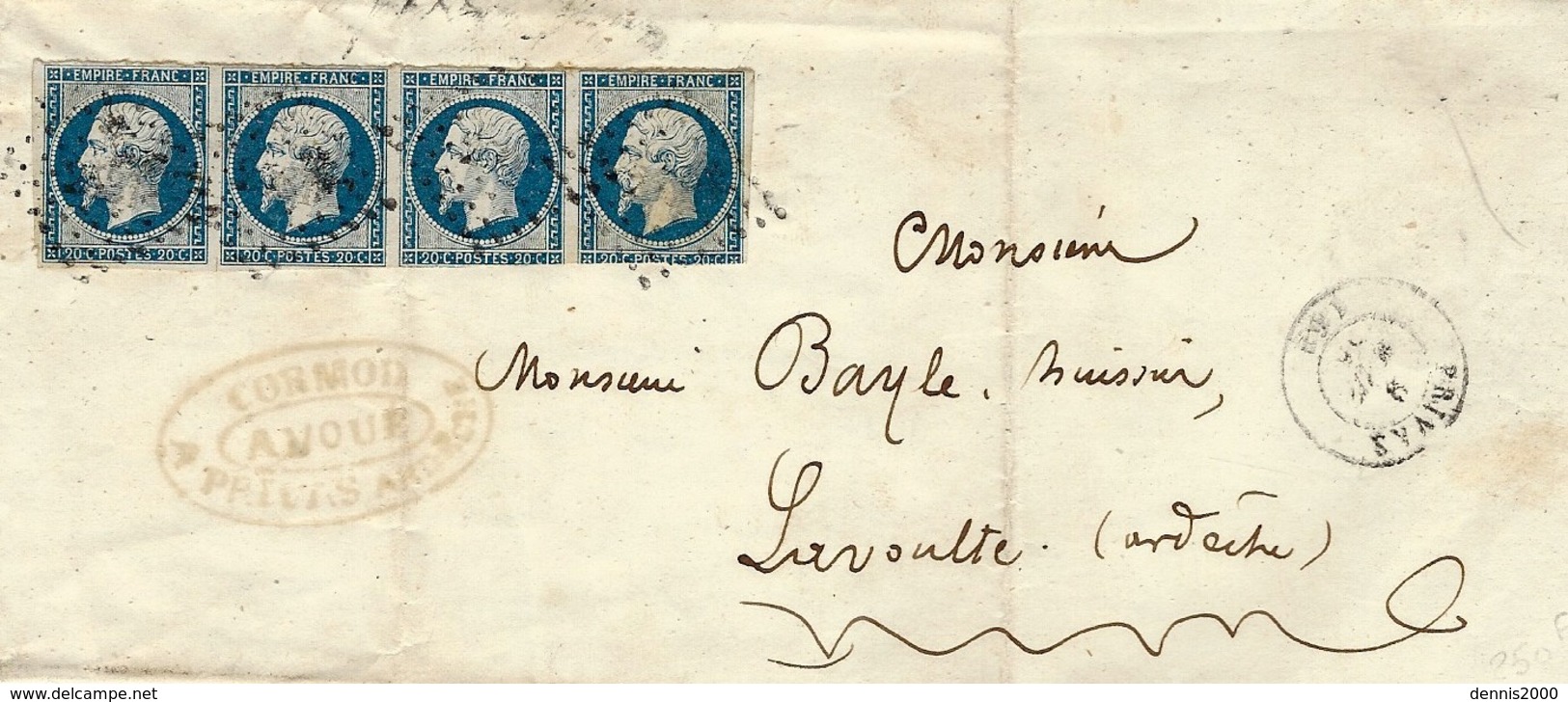 1855 - Lettre De PRIVAS ( Ardèche )  Cad T15 Affr. Bande De 4 N°14 - 1849-1876: Période Classique