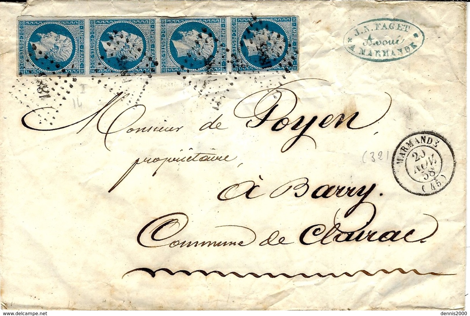 1858- Enveloppe De MARMANDE ( Lot Et Garonne ) Cad T15 Affr. Bande De 4 N°14 Oblit. P C N°1885 - 1849-1876: Période Classique