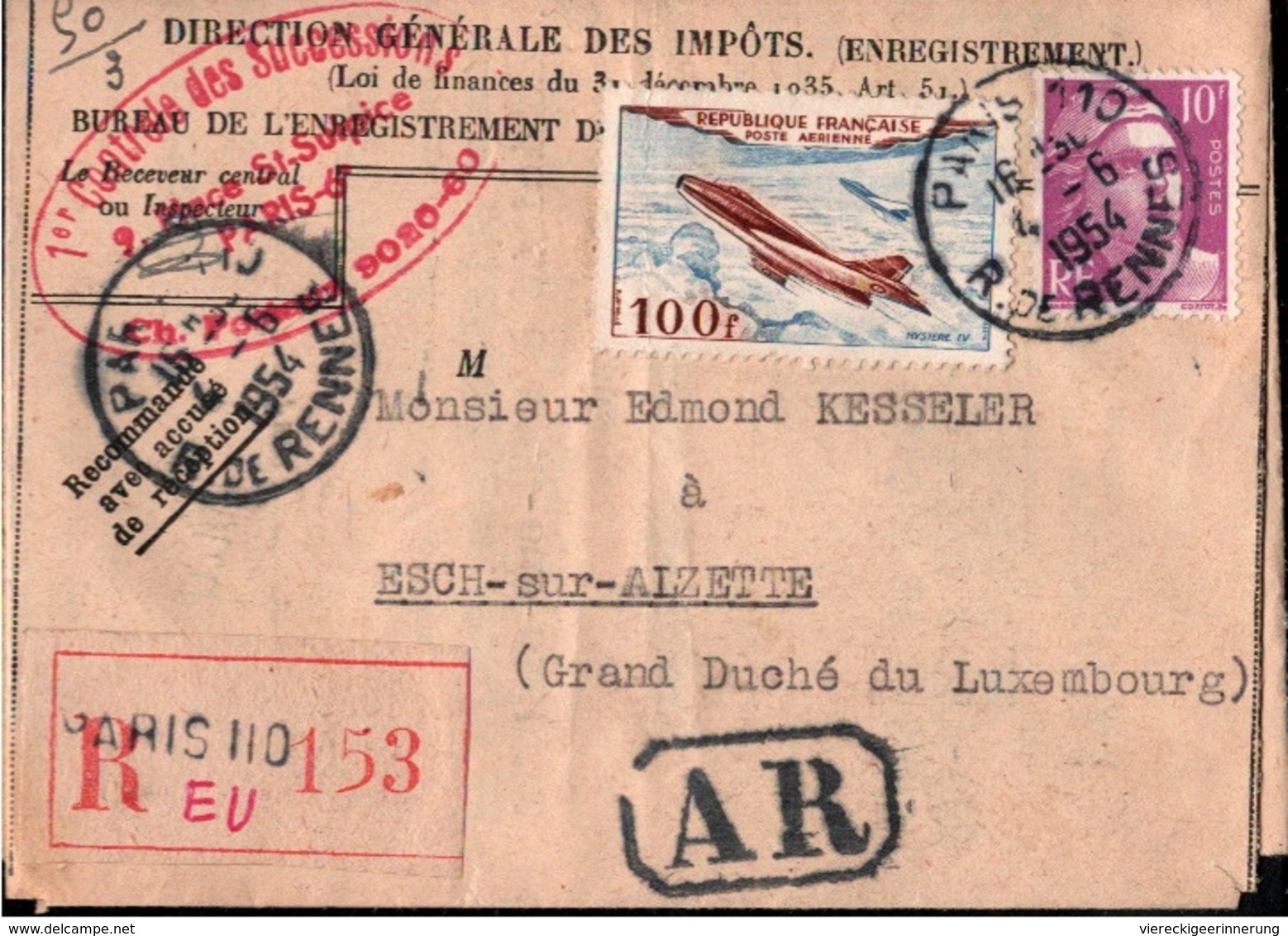 ! 1954 Einschreiben Paris, Perception, Esch Sur Alzette, Luxembourg - Storia Postale