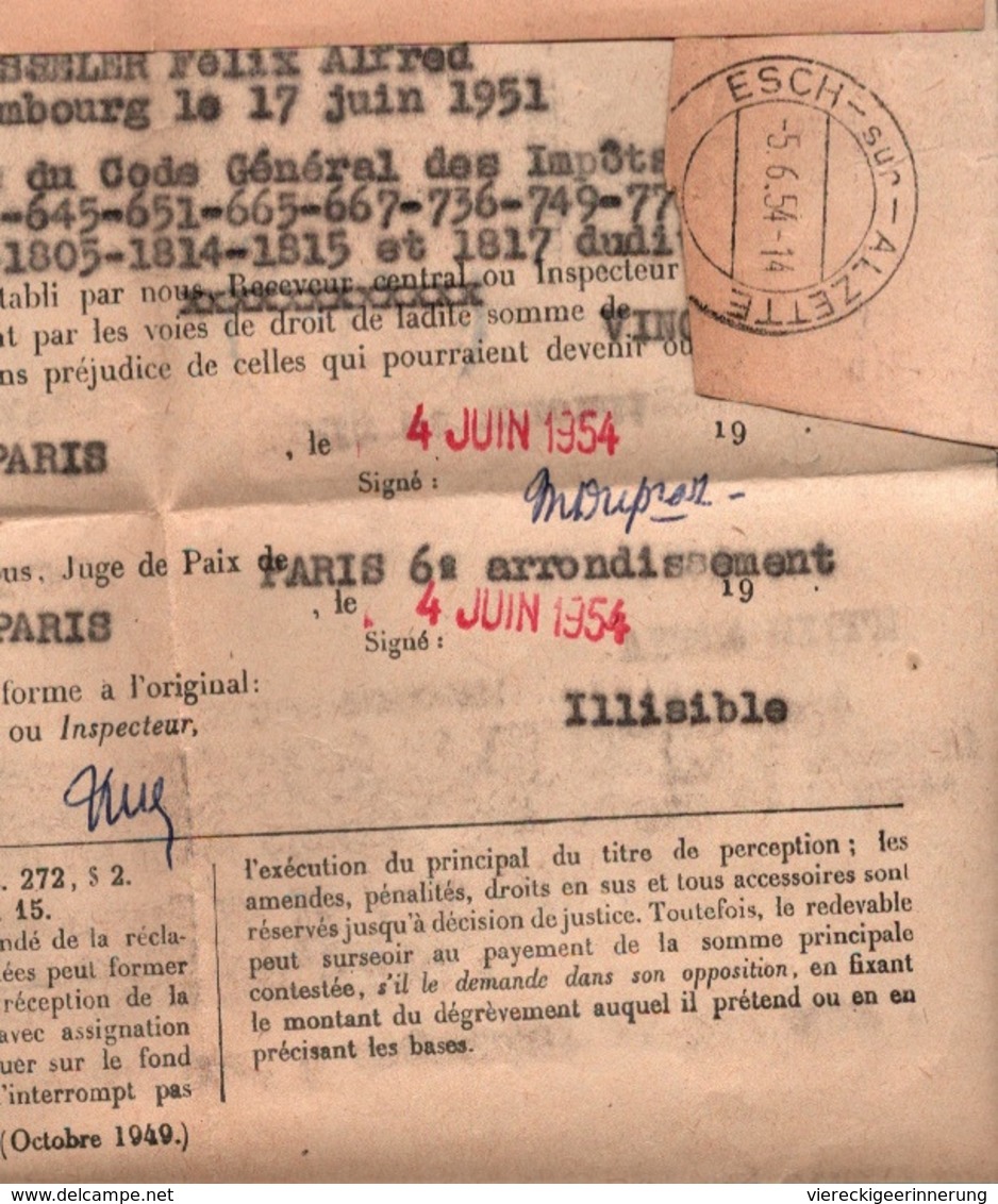 ! 1954 Einschreiben Paris, Perception, Esch Sur Alzette, Luxembourg - Storia Postale