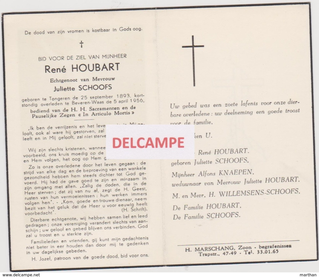 DOODSPRENTJE HOUBART RENé ECHTGENOOT SCHOOFS TONGEREN BEVEREN-WAAS 1893 - 1956   BEWERKT TEGEN KOPIEREN - Images Religieuses