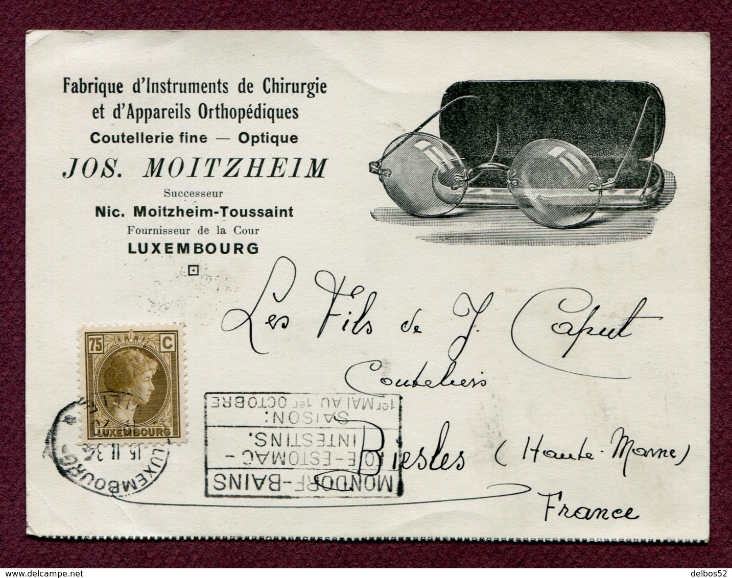 LUXEMBOURG  : Carte Commerciale " COUTELLERIE  Jos. MOITZHEIM "  1934 - Lettres & Documents