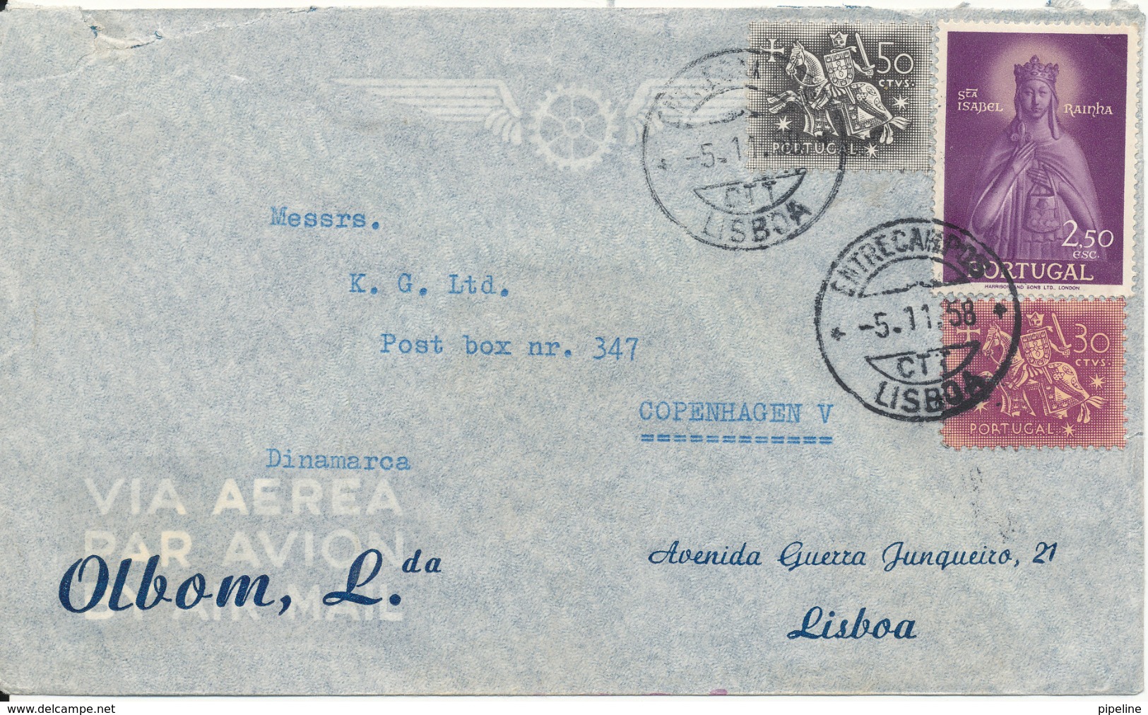 Portugal Air Mail Cover Sent To Denmark Lisboa 5-11-1958 - Covers & Documents