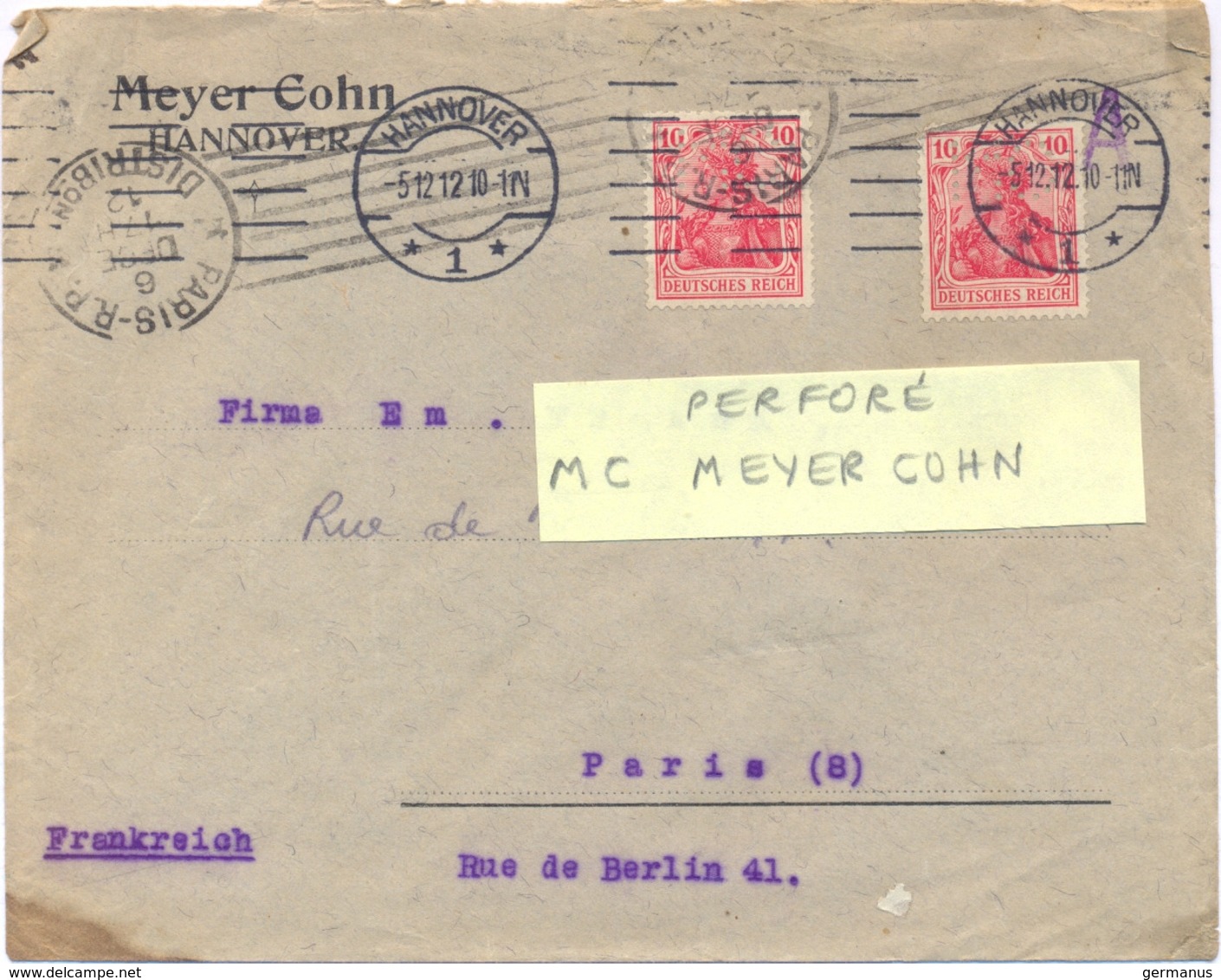 ALLEMAGNE PERFORÉ M C MEYER COHN Sur LETTRE OMec HANNOVER Du 5-12-10 - Lettres & Documents