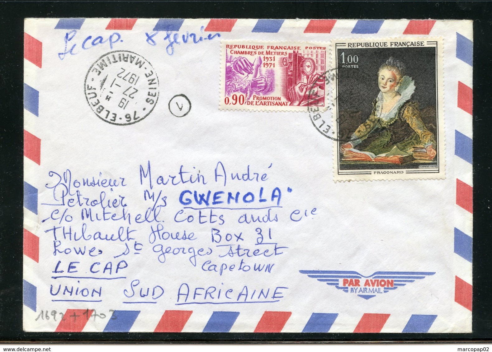 AFFRANCHISSEMENT à 1fr90 AVEC MAURY N°1702 ET 1691 S/LETTRE AVION POUR AFRIQUE DU SUD 27/1/72 DESTINATION RARE - 1961-....