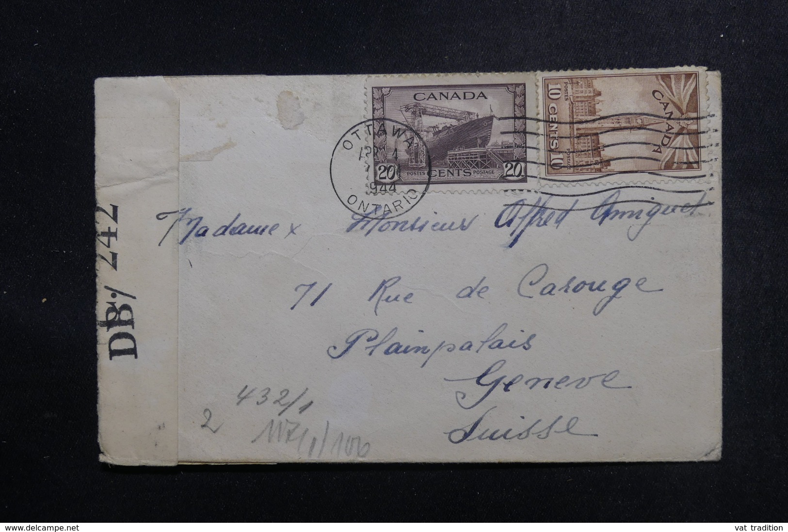 CANADA - Enveloppe De Ottawa Pour La Suisse En 1944 Avec Contrôle Postaux, Affranchissement Plaisant - L 48141 - Brieven En Documenten
