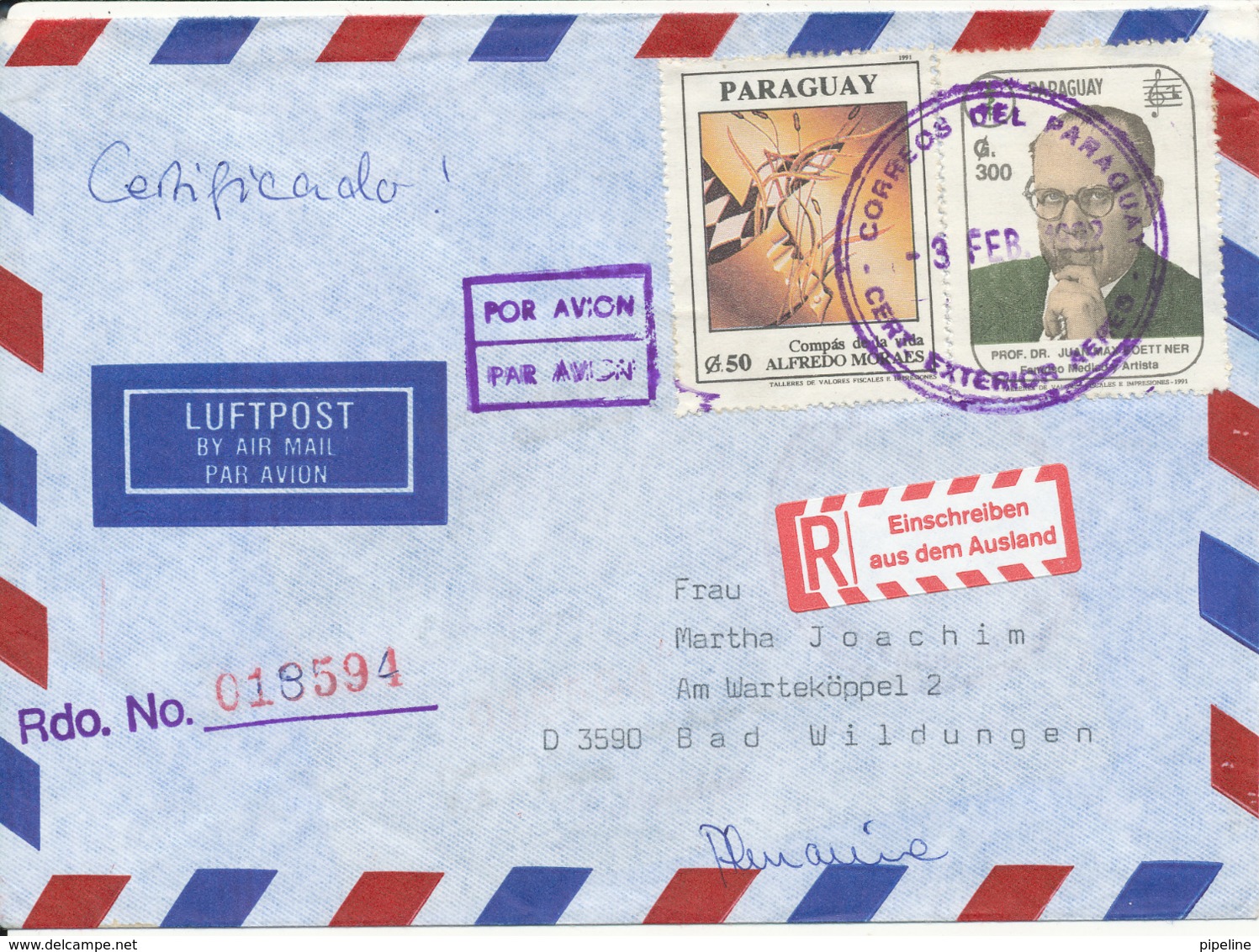 Paraguay Registered Air Mail Cover Sent To Germany 3-2-1992 - Paraguay