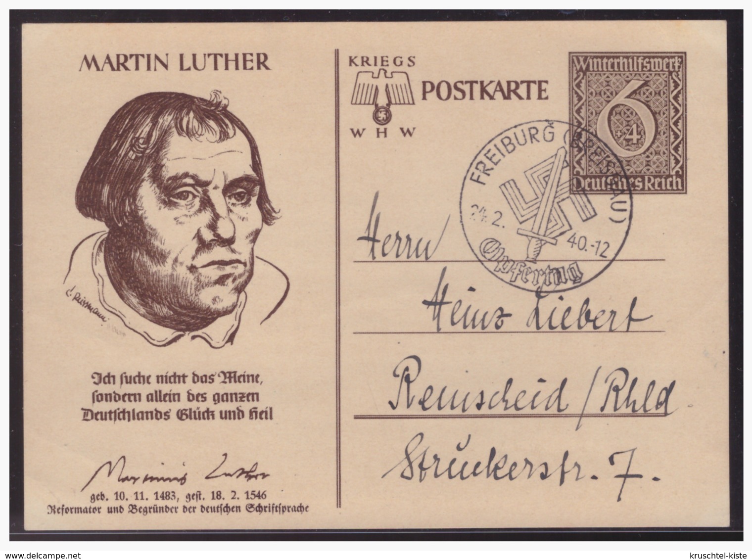 Dt- Reich (004960) Ganzsache WHW 1939, Martin Luther, P285/ 02, Mit SST Freiburg Am 24.2.1940 Opfertag - Otros & Sin Clasificación