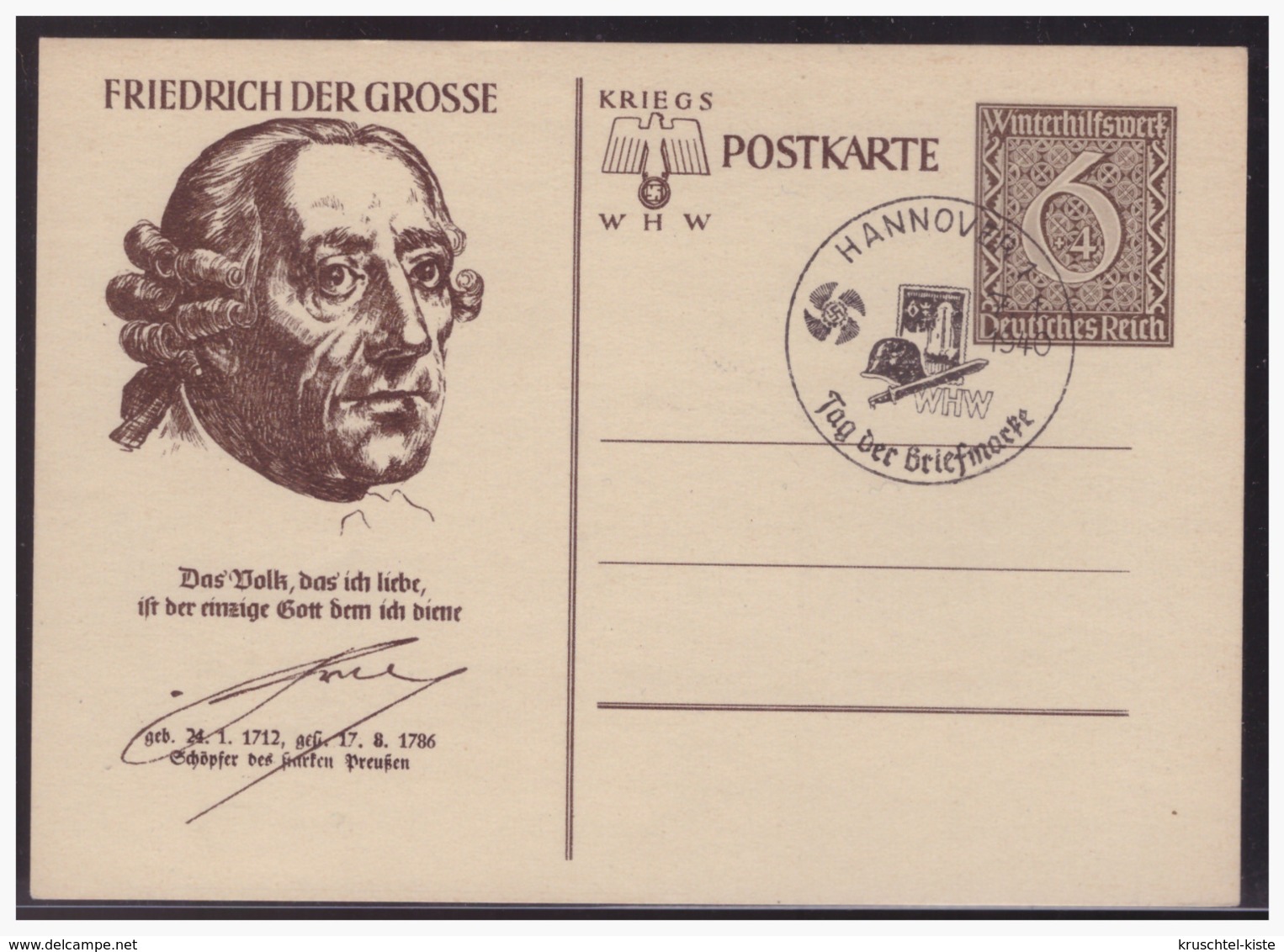 Dt- Reich (004962) Ganzsache WHW 1939, Friedrich Der Grosse, P285/ 04, Mit SST Hannnover Tag Der Briefmarke 1940 - Altri & Non Classificati