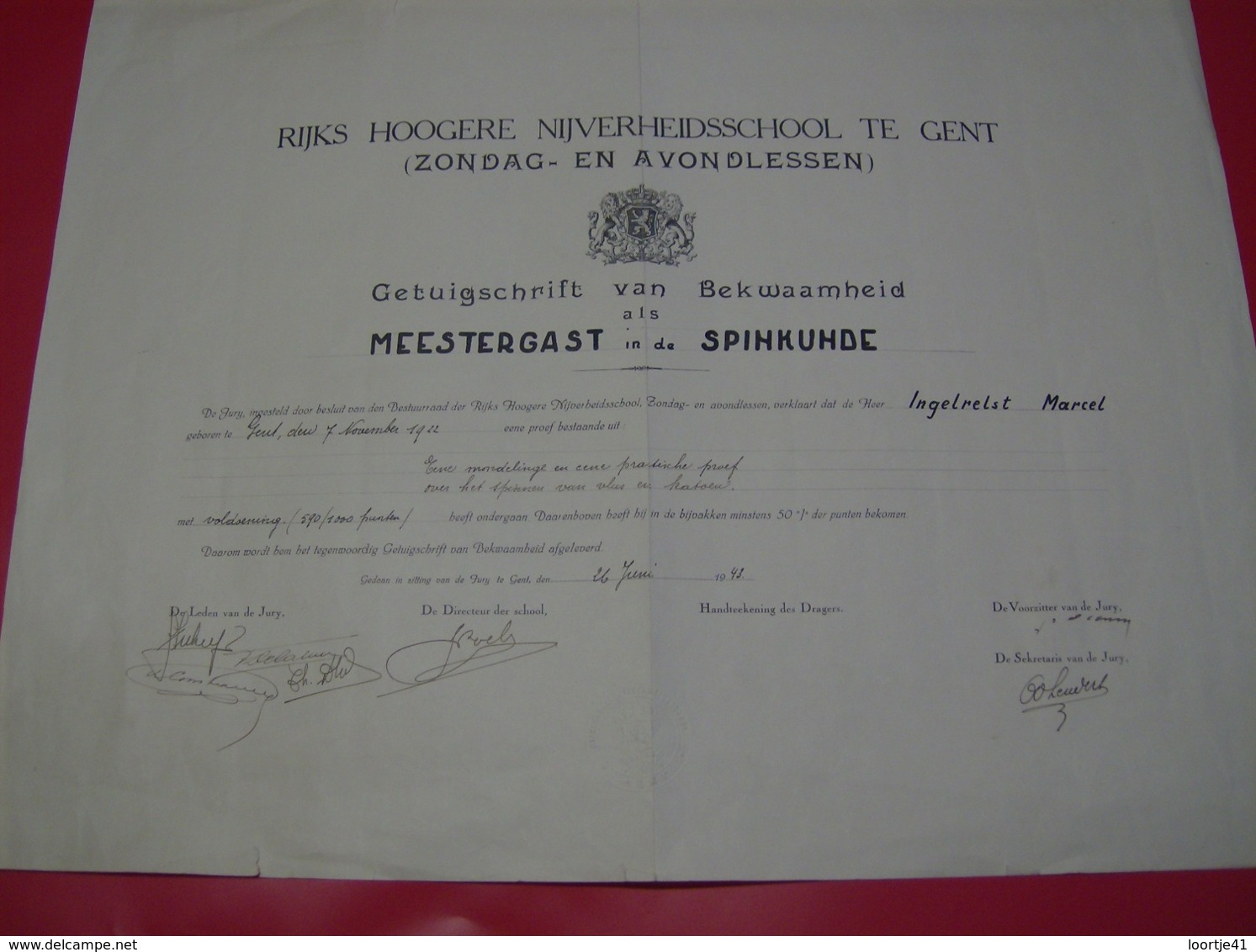 Diploma Rijks Hoogere Nijverheidsschool Gent - Meestergast Spinkunde Ingelrelst Marcel - 26 Juni 1943 - Diploma's En Schoolrapporten