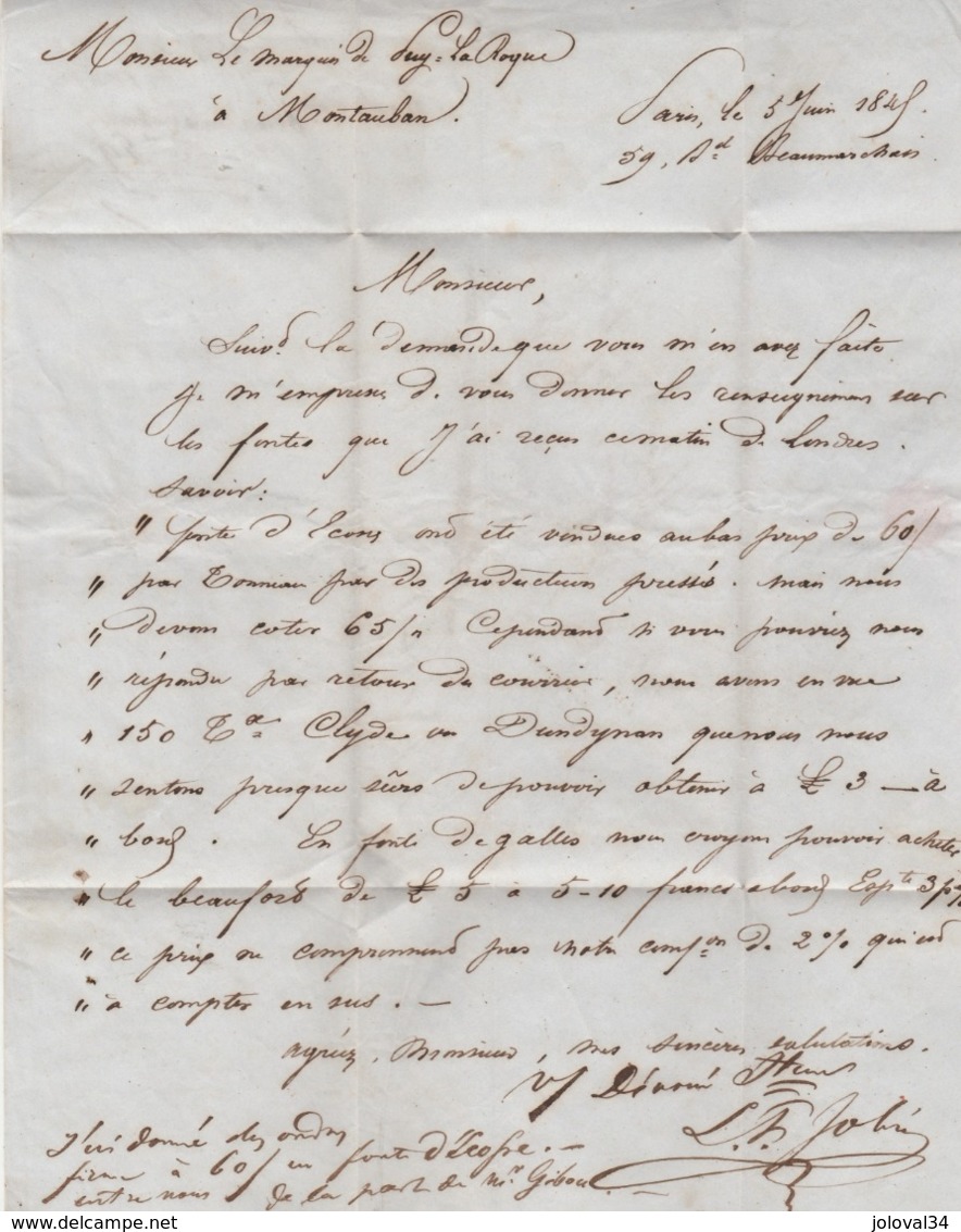 LAC PARIS Cachet Bleu 3/6/1845 Taxe Manuscrite à Marquis De Puylaroque Montauban Tarn Et Garonne Cachet Fleuron - 1801-1848: Precursors XIX