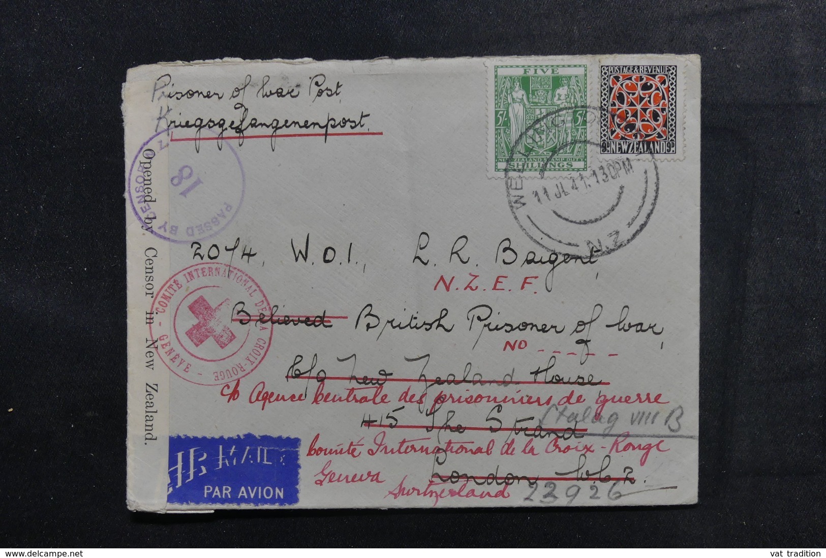 NOUVELLE ZÉLANDE - Enveloppe De Wellington Pour Londres Et Redirigé Vers Genève En 1941 Avec Contrôle Postal - L 48152 - Covers & Documents