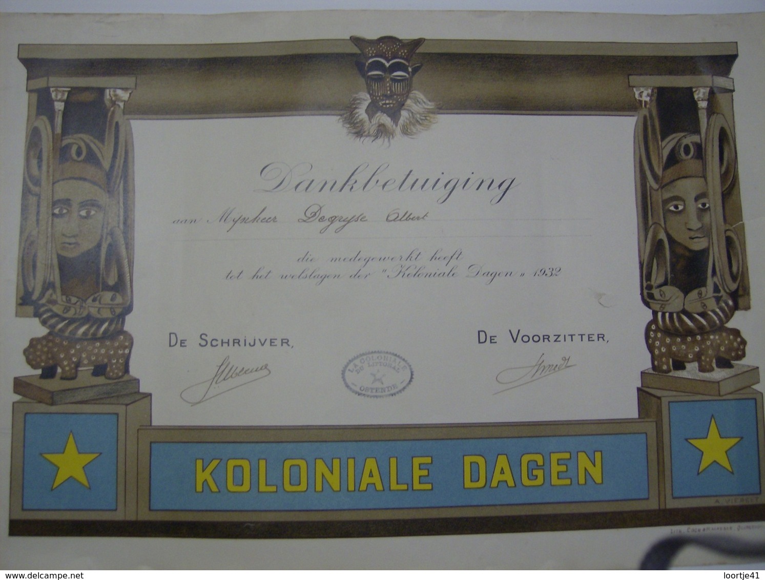 Affiche Poster Diploma - Albert Degryse - Koloniale Dagen 1932 - La Coloniale Du Littoral Ostende - Oostende - Diploma's En Schoolrapporten