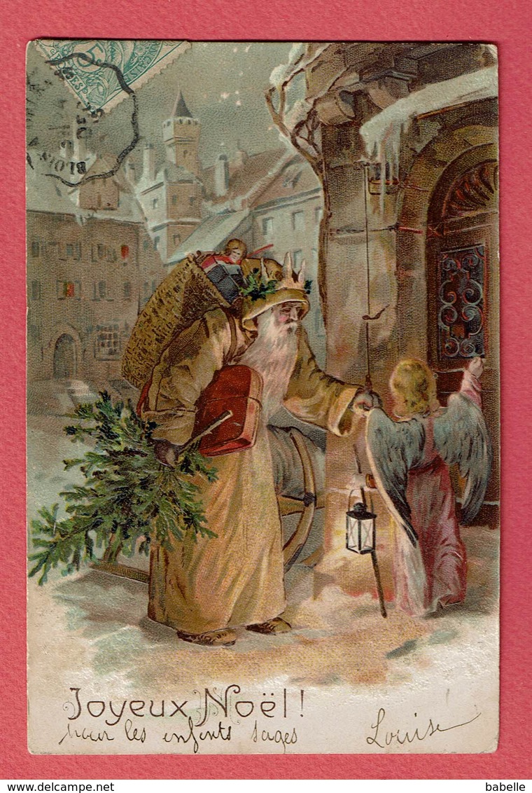 Carte Gaufrée  " JOYEUX NOEL ! "  Père Noël Avec Sa Hotte Et Sapin - Ange L'accompagnant. - Santa Claus