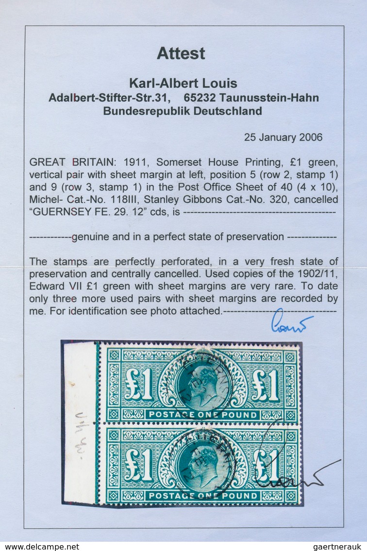 Großbritannien: 1911, £ 1 Green, Somerset Printing, Vertical Pair With Left Sheet Margin (position 5 - Autres & Non Classés