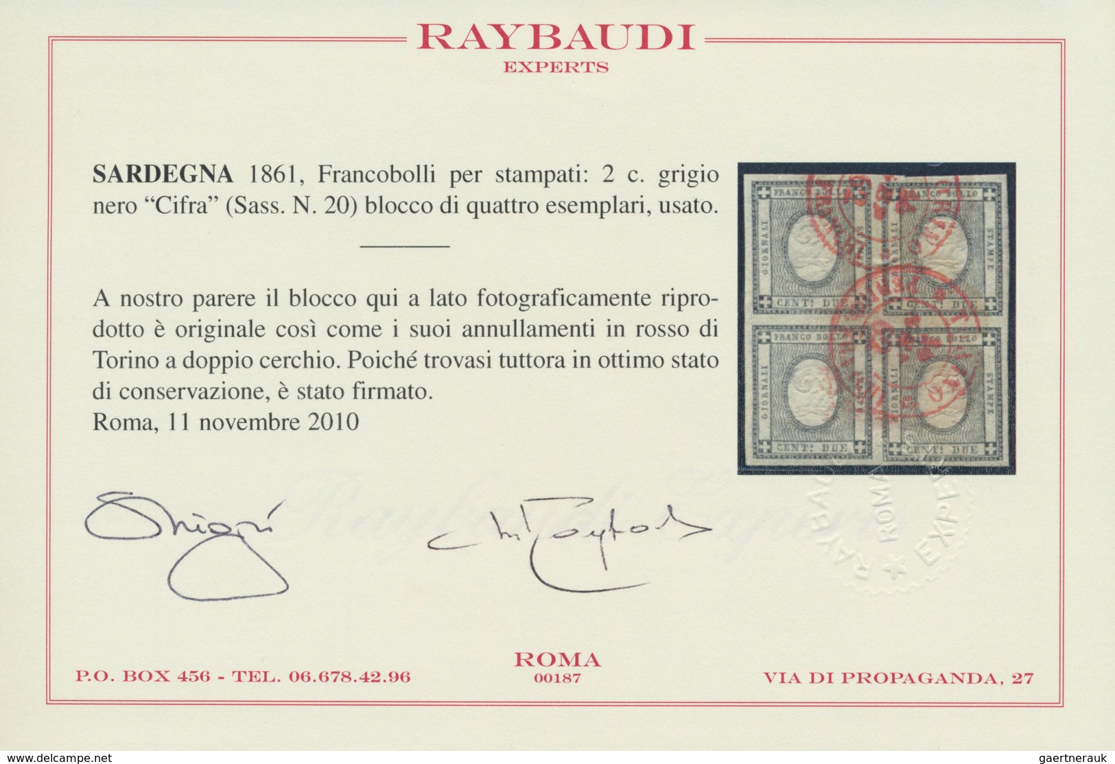 Italien - Altitalienische Staaten: Sardinien: 1861. 2 C Grauschwarz Im Luxus-Viererblock, Farbfrisch - Sardinië