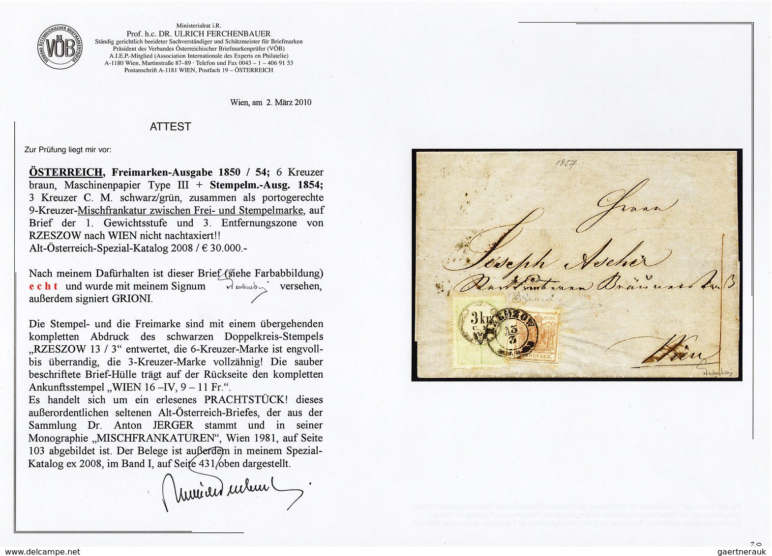 Österreich: 1850/1854, Wappenzeichnung 6 Kreuzer Braun In MISCHFRANKATUR Mit 3 Kreuzer Grün STEMPELM - Lettres & Documents