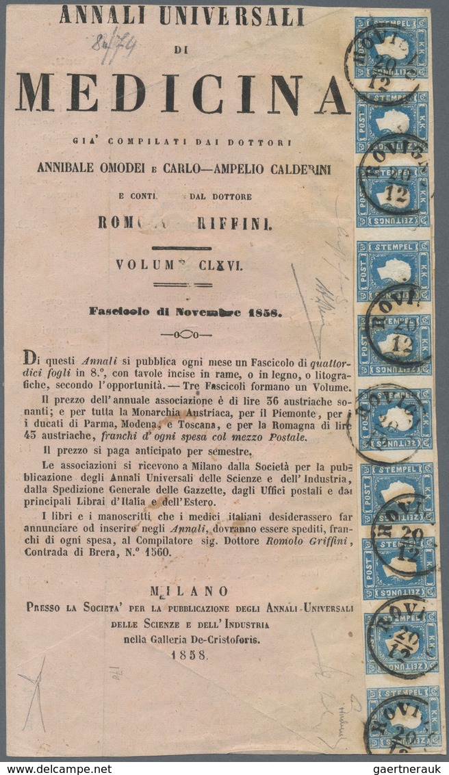 Österreich: 1858: Zeitungsmarkenausgabe, 1,05 (Kr) Blau, Type I, Im Waagerechten ZEHNERSTREIFEN, Auf - Lettres & Documents