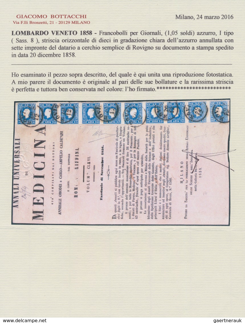 Österreich: 1858: Zeitungsmarkenausgabe, 1,05 (Kr) Blau, Type I, Im Waagerechten ZEHNERSTREIFEN, Auf - Briefe U. Dokumente