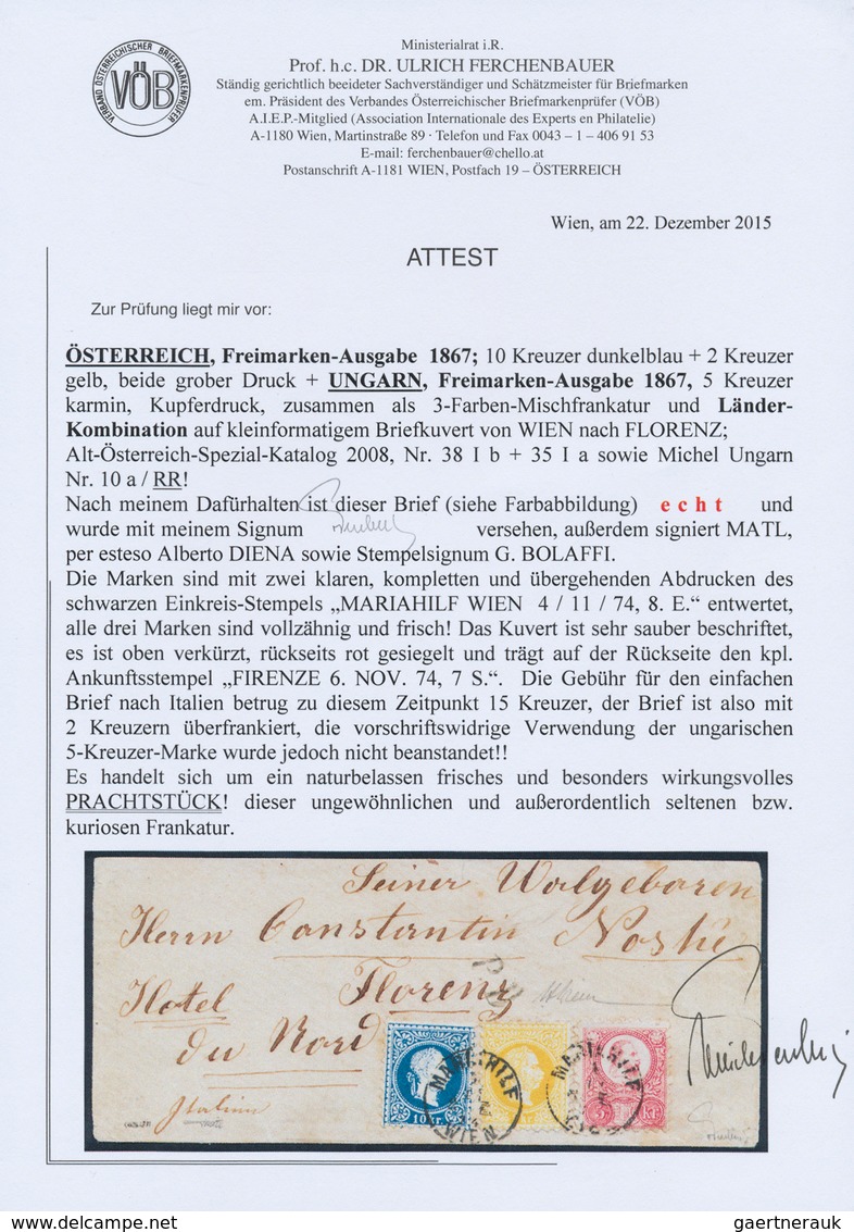 Österreich: 1867, 10 Kr. Dunkelblau Und 2 Kr. Gelb, Beide Grober Druck, Und Ungarn Freimarken-Ausgab - Covers & Documents