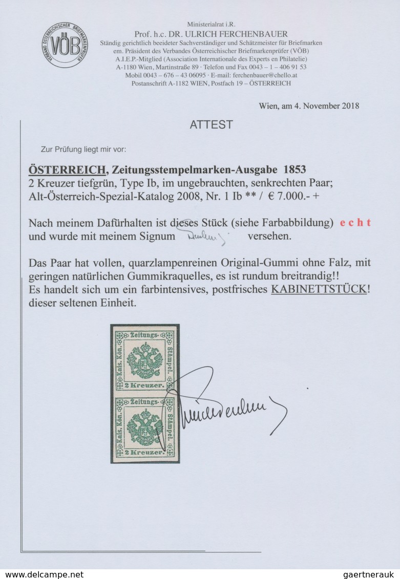 Österreich - Zeitungsstempelmarken: 1853, 2 Kreuzer Tiefgrün, Type I B, Senkrechtes Paar, Allseits B - Zeitungsmarken