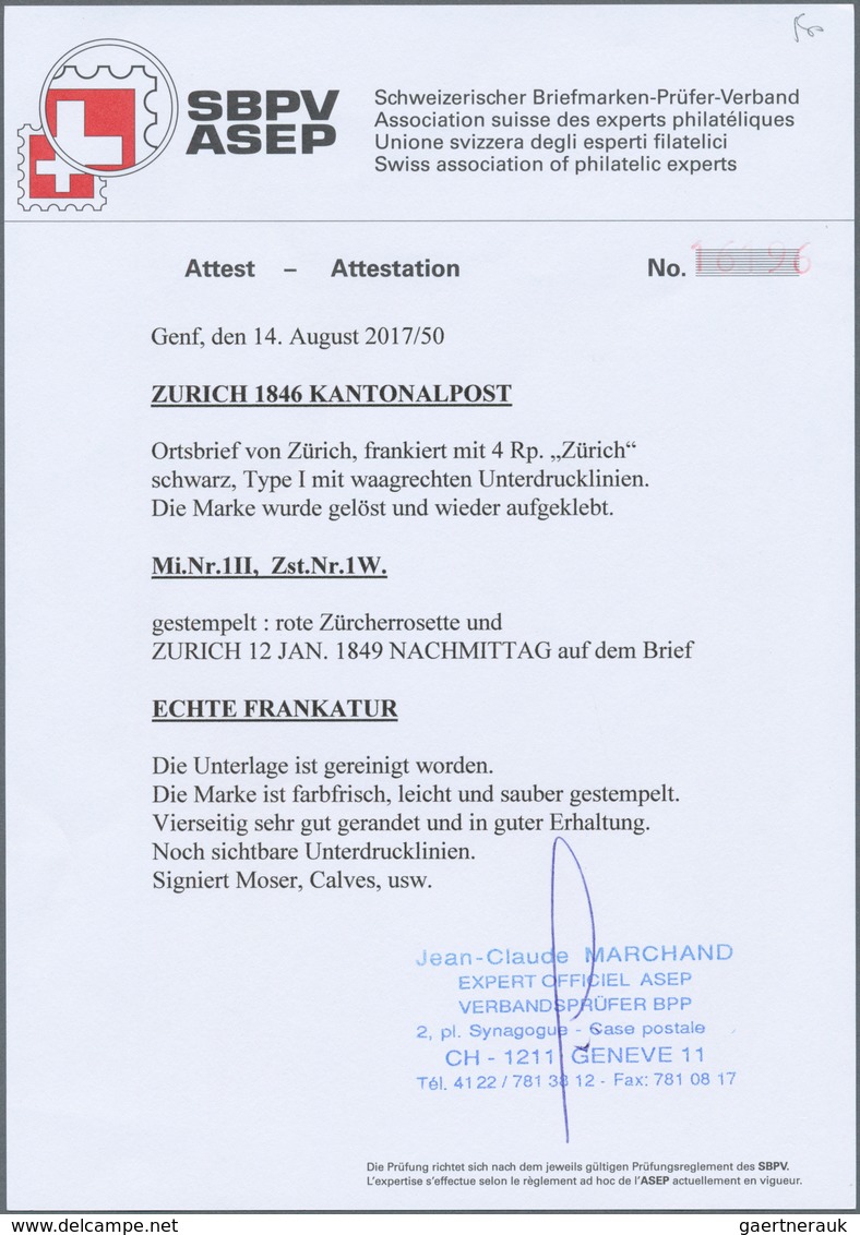 Schweiz - Zürich: 1846: Ortsbrief Von Zürich, Frankiert Mit 4 Rp. "Zürich" Schwarz, Type I Mit Waage - 1843-1852 Kantonalmarken Und Bundesmarken
