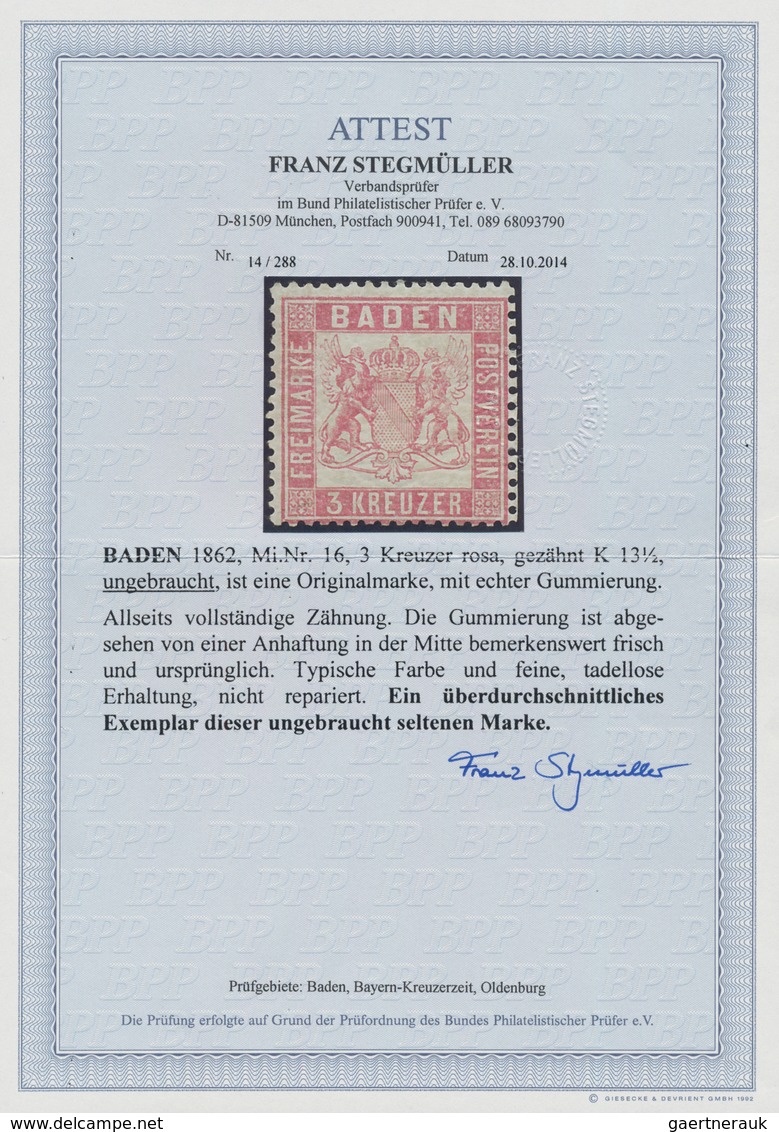 Baden - Marken Und Briefe: 1862, 3 Kreuzer Rosa, Gezähnt K 13 1/2, Ungebraucht. Allseits Vollständig - Autres & Non Classés