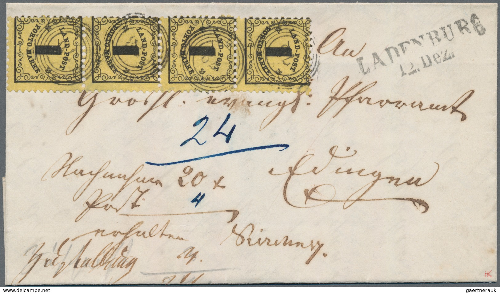 Baden - Landpostmarken: 1862. 1 Kreuzer Schwarz Auf Gelb, Senkrechter Viererstreifen, Entwertet Mit - Andere & Zonder Classificatie