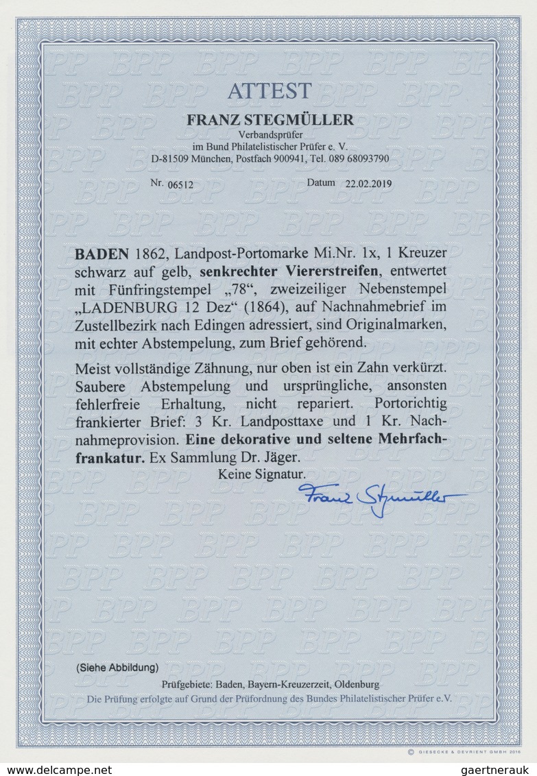 Baden - Landpostmarken: 1862. 1 Kreuzer Schwarz Auf Gelb, Senkrechter Viererstreifen, Entwertet Mit - Autres & Non Classés