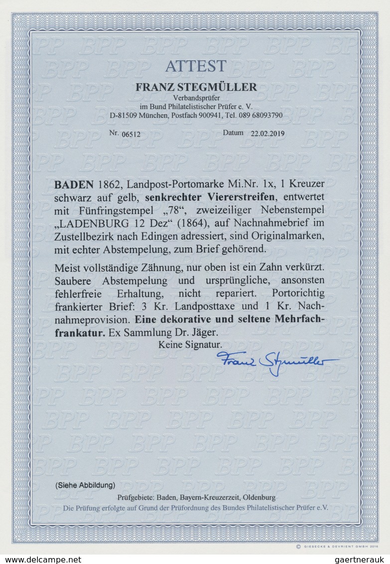 Baden - Landpostmarken: 1862. 1 Kreuzer Schwarz Auf Gelb, Senkrechter Viererstreifen, Entwertet Mit - Andere & Zonder Classificatie
