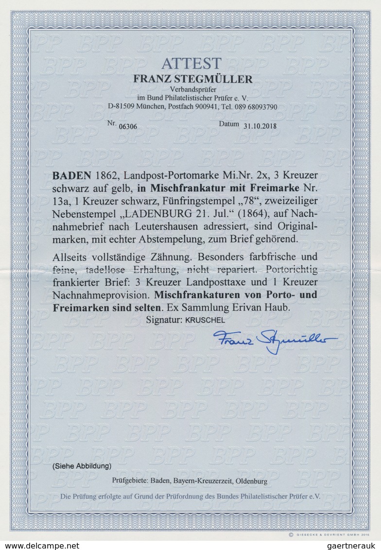 Baden - Landpostmarken: 1862: Landpostmarke 3 Keuzer Schwarz Auf Gelb In Mischfrankatur Mit Freimark - Andere & Zonder Classificatie