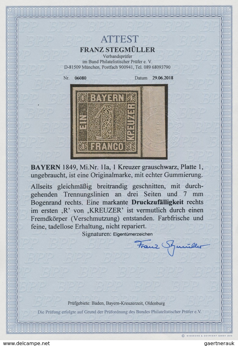 Bayern - Marken Und Briefe: 1849: 1 Kreuzer Grauschwarz, Platte 1, Echte Gummierung. Allseits Gleich - Autres & Non Classés