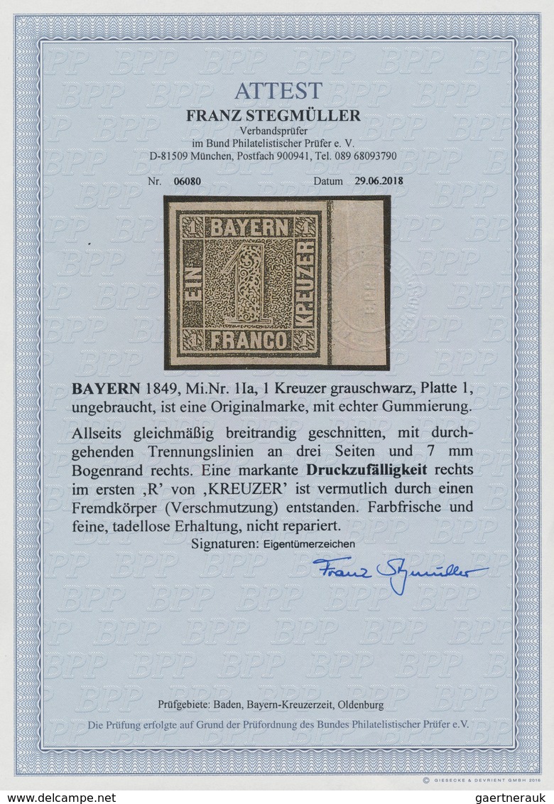 Bayern - Marken Und Briefe: 1849: 1 Kreuzer Grauschwarz, Platte 1, Echte Gummierung. Allseits Gleich - Andere & Zonder Classificatie