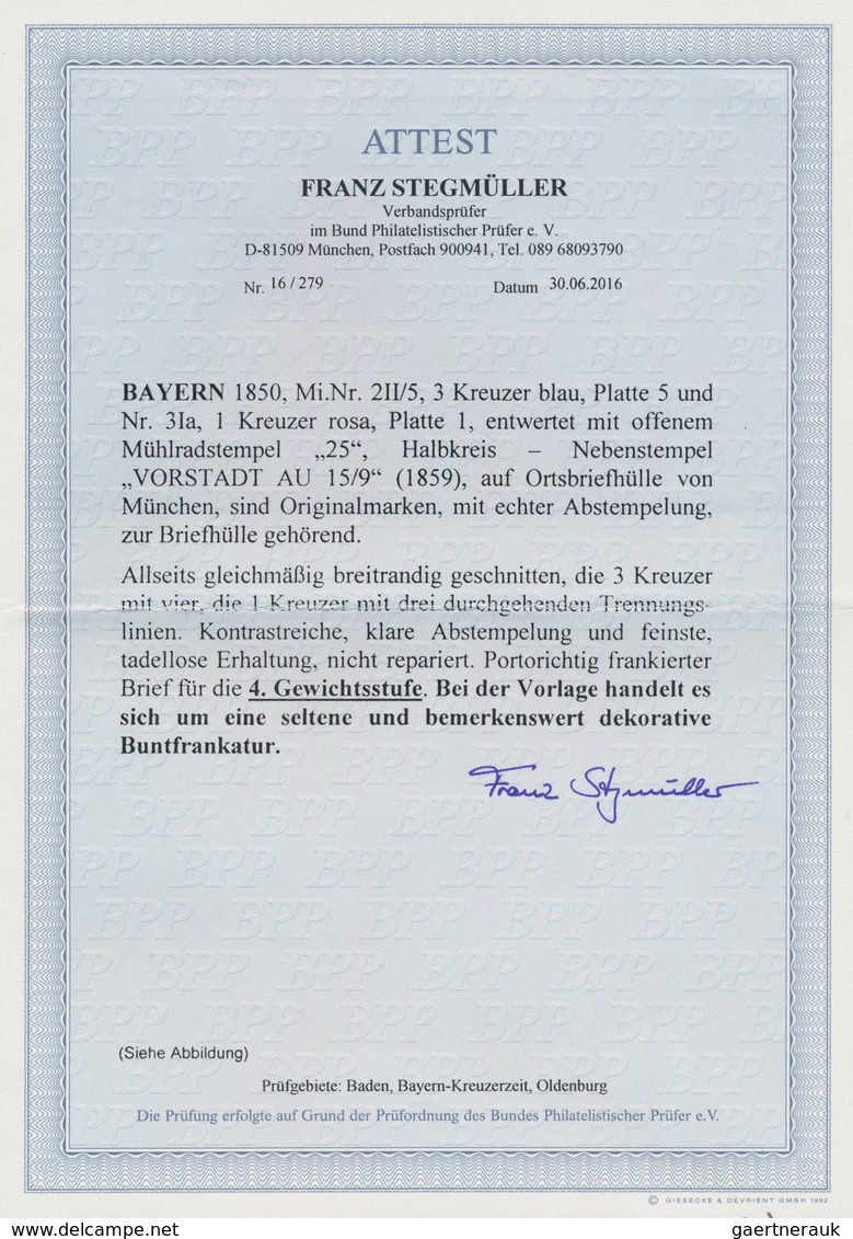 Bayern - Marken Und Briefe: 1850, 3 Kreuzer Blau, Platte 5 Mit 1 Kr Rosa, Platte 1, Entwertet Mit Of - Other & Unclassified