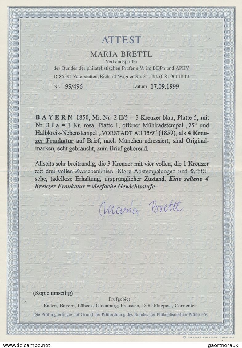 Bayern - Marken Und Briefe: 1850, 3 Kreuzer Blau, Platte 5 Mit 1 Kr Rosa, Platte 1, Entwertet Mit Of - Autres & Non Classés