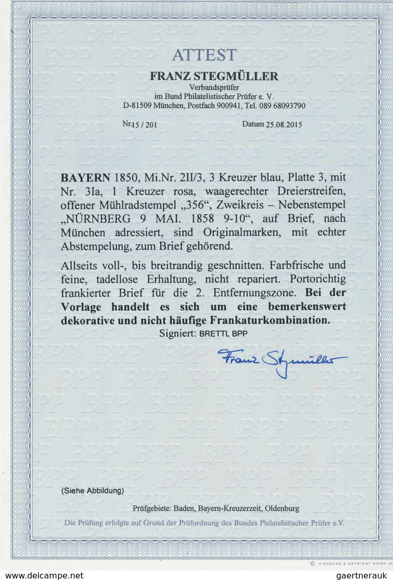 Bayern - Marken Und Briefe: 1850, 3 Kreuzer Blau, Platte 3, Farbtiefes Kabinettstück, Zusammen Mit B - Sonstige & Ohne Zuordnung