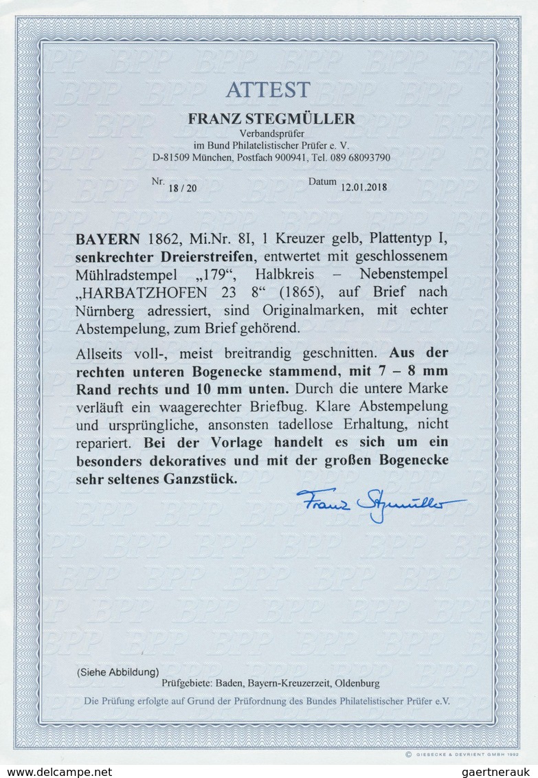 Bayern - Marken Und Briefe: 1862: 1 Kr. Gelb Mit Spitzen Ecken Im Senkrechten ECKRAND-DREIERSTREIFEN - Other & Unclassified