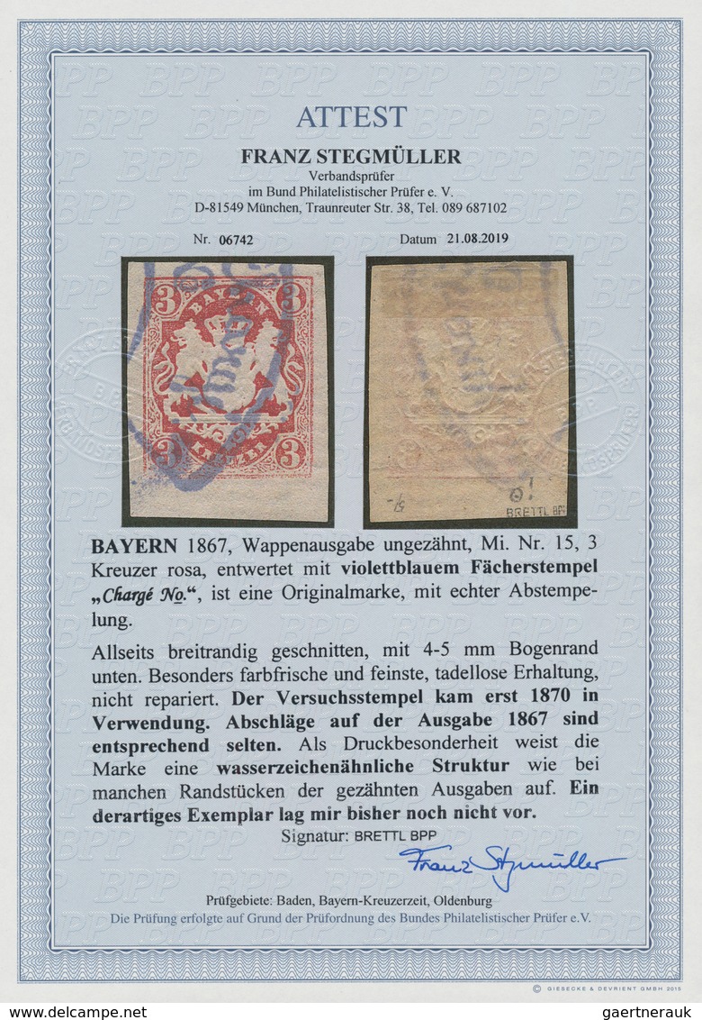 Bayern - Marken Und Briefe: 1867, Wappenausgabe Ungezähnt, 3 Kreuzer Rosa, Entwertet Mit Violettblau - Andere & Zonder Classificatie